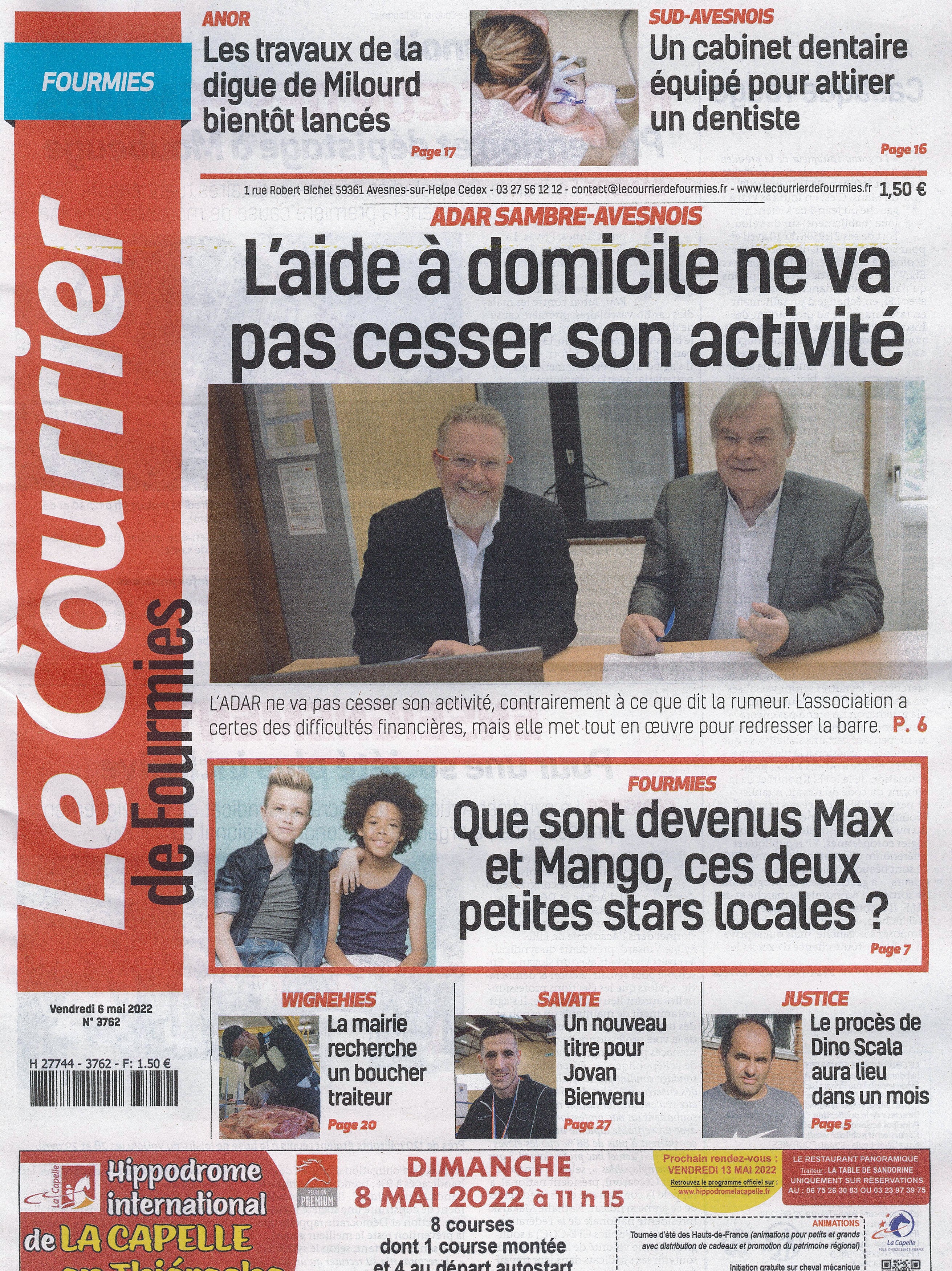 Article du Courrier de Fourmies du 6 Mai 2022 - page 1
